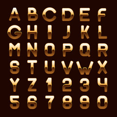 Golden Metallic Shiny ABC Letters and Numbers Isolated on Dark Background. Vector