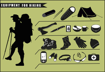 Set of travel gear icons. Silhouette of tourist with detail contents of his backpack. Vector Illustration © tanyadzu