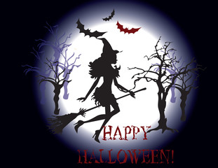 Happy Halloween background. Silhouette of Witch flying in the woods. Vector