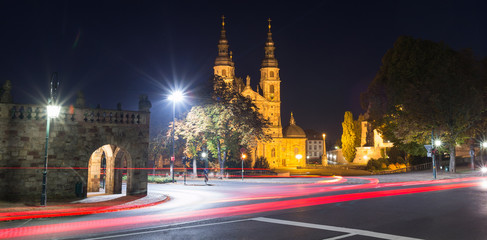 dom and traffic lights in fulda germany at night