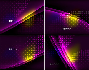 Set of abstract backgrounds with copyspace. Glowing color neon light in dark space