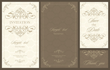 Wedding invitation vintage card with floral and antique decorative elements. Vector illustration