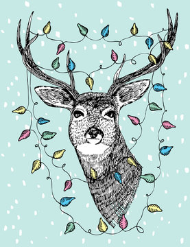Deer with lights hand drawn illustration