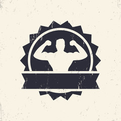 Fitness, Gym sign, badge with posing athlete, vector illustration