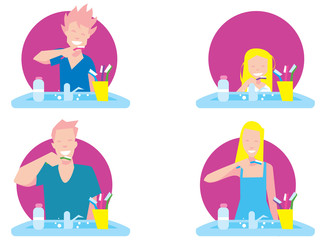 Family brushing teeth.