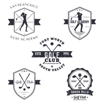 Golf Club, Golf Academy vintage emblems, logos, signs, golfer, crossed golf clubs and ball, with grunge texture, vector illustration