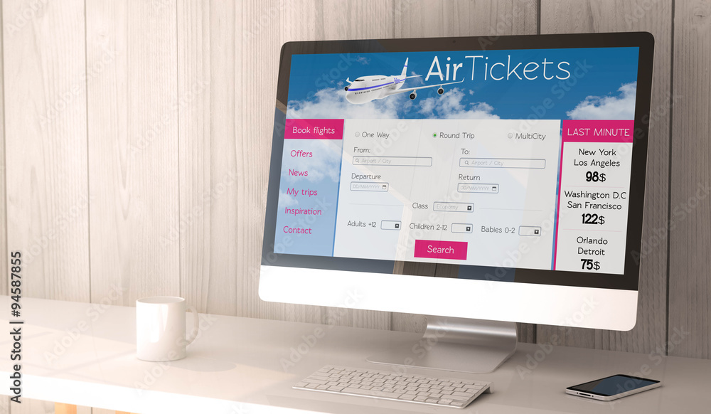 Aufkleber desktop computer with tickets flight web