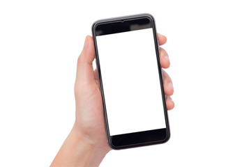 Hand holding black smartphone with blank screen isolated on white background. This picture have two...