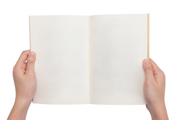 overhead view of hands holding a blank book ready with copy space ready for text, isolated on white background, This picture have clipping path for easy to use.