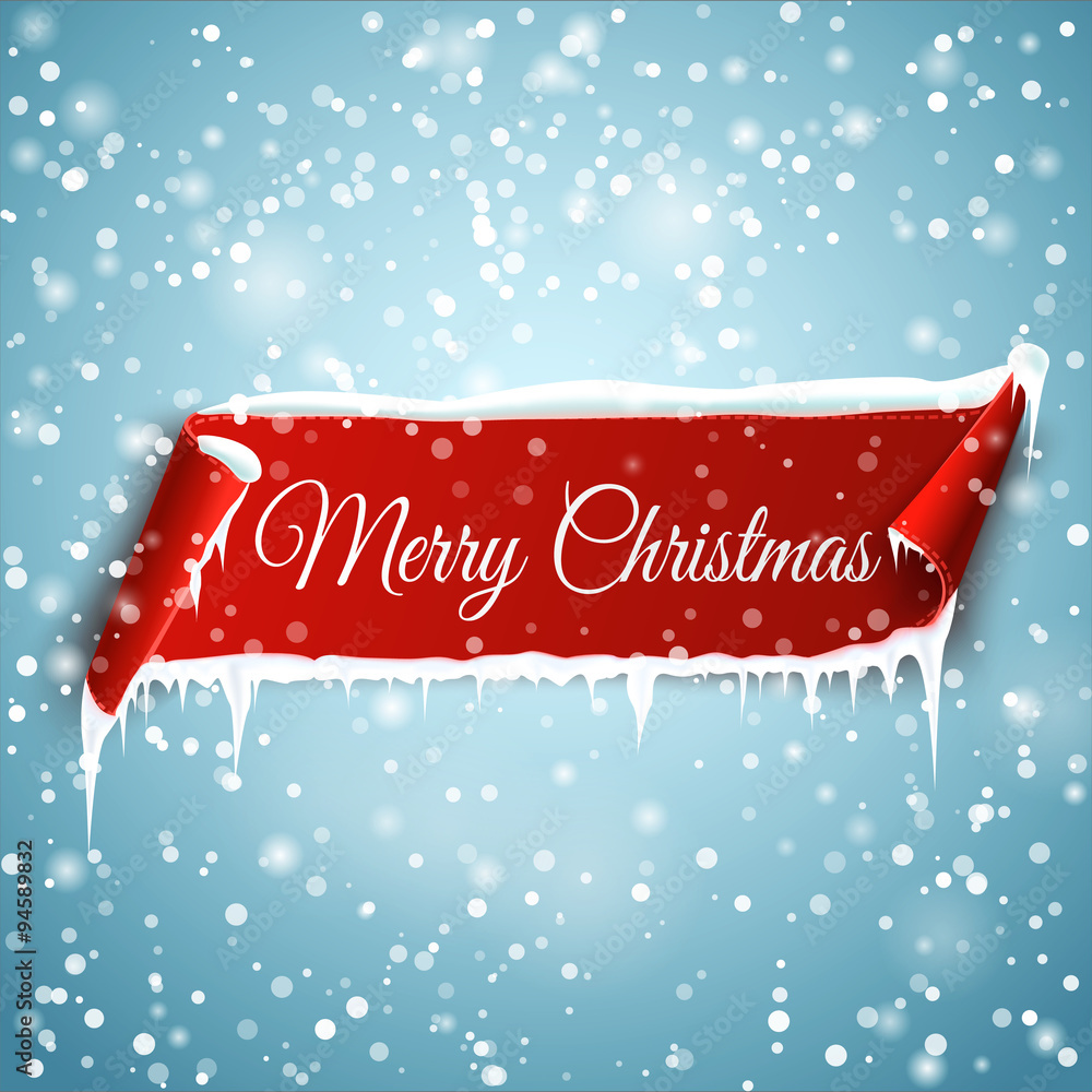 Wall mural merry christmas. red realistic curved paper banner with snow and icicle. ribbon. realistic curved pa