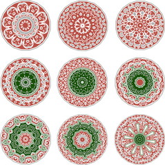 Set of nine ethnic mandalas in in red - green color scheme with oriental design