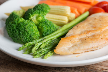 Close up, Clean food, Grilled chicken breasts and vegetables.