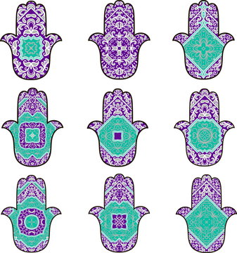 Set of nine hamsot in turquoise and purple colors on a white background