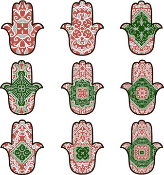 Set of nine hamsot in red and green colors on a white background