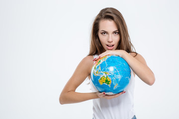 Beautiful woman holding globe