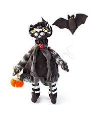 Toy Cat With Witch Hat and .pumpkin for halloween.  Isolated.