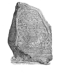 Vintage engraving, king Harald rune stone of Jelling Denmark from the 10th century