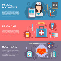 Three medical horizontal banners with medical icons in flat style