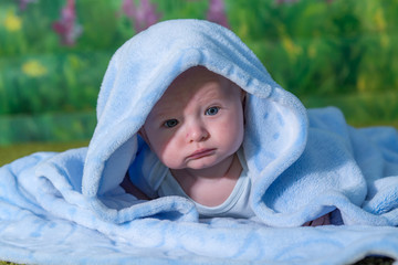 Portrait of a baby in a blue towel.