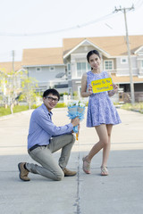 Portrait of young Asian couple in outdoor, pre wedding concept