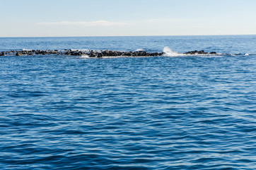 waves crushing into far away rocks in the middle of the sea water surface with intricate wave pattern