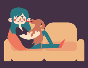 Girl Holding her Dog on Sofa