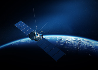Communications satellite orbiting earth - obrazy, fototapety, plakaty