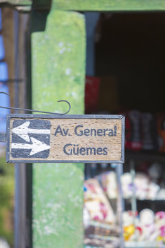 Closeup of retro street name in Cachi, Argentina