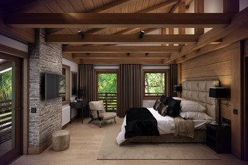 3D rendering bedroom house in the mountain - obrazy, fototapety, plakaty