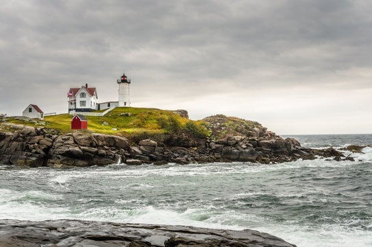 Nubble Lighthouse on a Rainy Day, Maine, USA