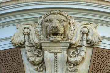 Stone lion face/Stone lion face decoration on grand palace wall, Wat Prakeaw, Thailand.