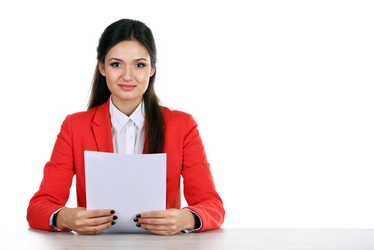 Picture of TV anchor preparing for telling news isolated on white