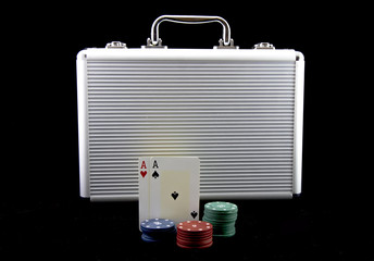 Poker metal case with chips and ace cards