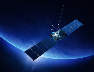 Communications satellite orbiting earth - obrazy, fototapety, plakaty