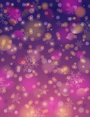 Purple background with snowflake and bokeh, vector