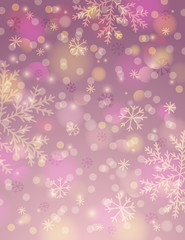 Pink background with snowflake and bokeh, vector