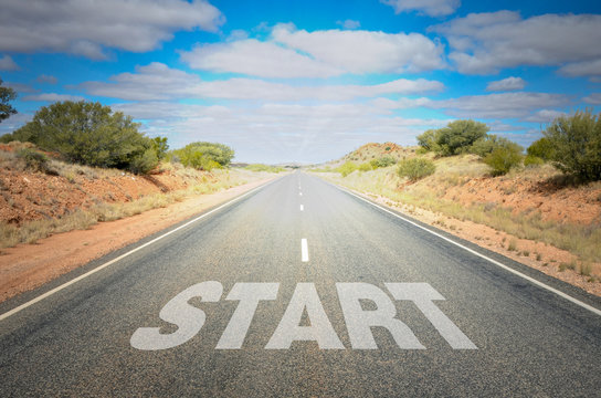 Conceptual Image of a Straight Road with the word Start on Asphalt