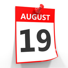 Fototapeta premium 19 august calendar sheet with red pin.