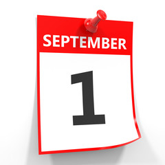 1 september calendar sheet with red pin. - obrazy, fototapety, plakaty