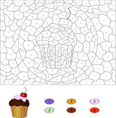 Color by number educational game for kids. Cake with cherry. Vec