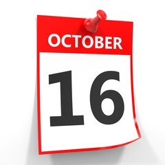 16 october calendar sheet with red pin.