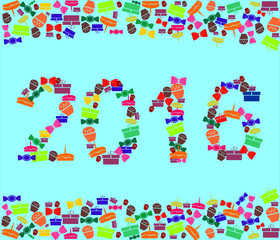 Vector illustration with the image of New Year 2016 with elements of gifts and sweets over blue background.
