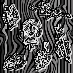 Crazy seamless texture with hand drawn abstract liner shapes and stylized face. Black fnd white.