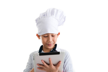 Young Asian Cook Touching Tablet Isolated On White