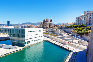 view on Cathedral de la Major and port in Marseille, France