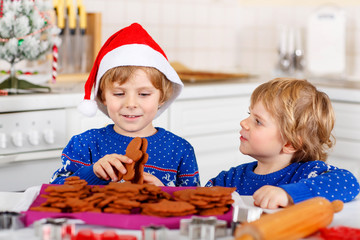 two little kid boys baking gingerbread cookies