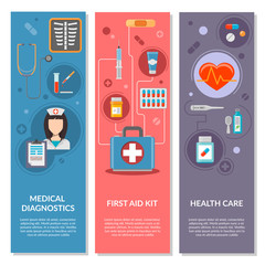 Three medical vertical banners with medical icons in flat style