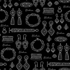 Pattern with hand drawn jewelry on black color