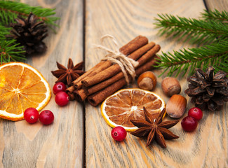 Fototapeta na wymiar Spices and dried oranges