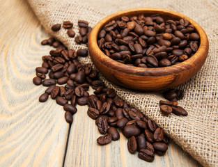 coffee beans and burlap fabric
